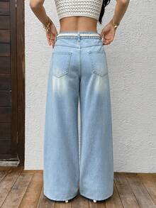 Sunnyshic 休闲水洗牛仔裤，配腰带，低腰 - 淺色水洗藍 - 查看 2