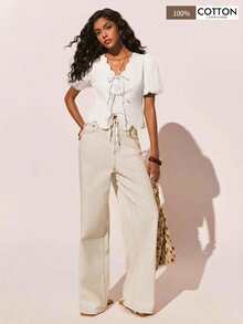 Poéselle 女士纯色V领短款花瓣袖前系带衬衫 - 白色 - 查看 2