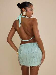 SHEIN BAE 薄荷蓝绿色流苏亮片露背吊带背心，适合音乐节、海滩、度假、派对、夜店等场合。 - 薄荷藍 - 查看 2