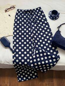 Comfortcana 蓝色波点编织系带阔腿裤，适合夏季度假、海滩、春夏、秋季女装、女士下装、夏季、毕业季、返校季、校园、度假、野餐等场合。 - 彩色 - 查看 6