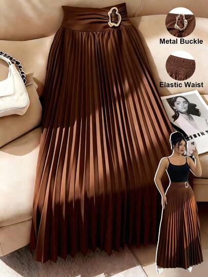 Franclia Women's 2026 New Arrival:Vintage Elegant French Romantic Style,Perfect For Vacations,Parties,And Everyday Wear.Spring/Summer French Retro Elasticated Waist With Bling Metal Buckle Decor,Beautiful Pleated Fabric A-Line Brown Skirt,Long Skirt For Commuters, Dates,Weekend Outing,Date,Dinner,And Vacations.Elegant Spring Outfits,Summer Outfits,Music Festival Outfits,Wedding Season Outfits,Wedding Guest Outfits,Women's Beach Outfits,Party Outfits,Birthday Skirt,Commuter Outfits,Casual Outfits,Spring Outfits,Summer Outfits.