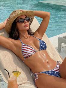 Swim Vcay 26SS Women's Spring/Summer Beach Outfit, Women's Striped & Star Print Halter Backless Sexy Bikini Set, 2pcs - Multicolor - View 6