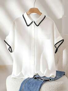 SHEIN LUNE CURVE Camisa corta con cuello vuelto y bordado para tallas grandes - Blanco - Ver 1