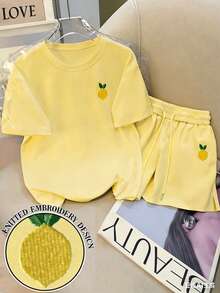 Resyla Women's Lemon Embroidery Round Neck Short Sleeve Top And Shorts Casual 2 Pieces Set - Multicolor - View 1