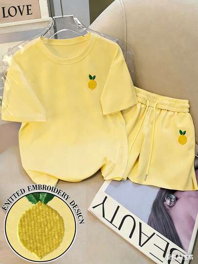 Resyla Women's Lemon Embroidery Round Neck Short Sleeve Top And Shorts Casual 2 Pieces Set