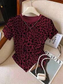 Resyla Camiseta ajustada de cuello redondo de estilo casual con estampado de leopardo para mujer, primavera/verano - Multicolor - Ver 1