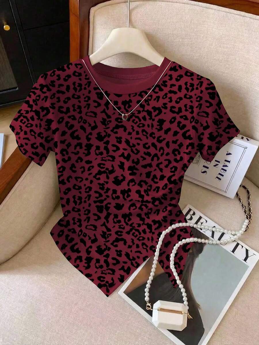 Resyla Camiseta ajustada de cuello redondo de estilo casual con estampado de leopardo para mujer, primavera/verano - Multicolor - Ver 1