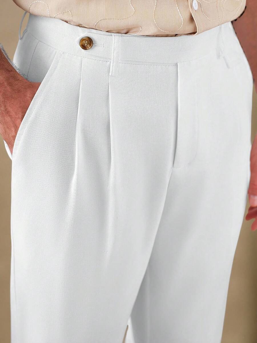 Core Aspect 男士白色亞麻休閒長褲，優雅夏季婚禮禮服西裝褲，修身彈性百褶錐形褲，附腰帶環與拉鍊