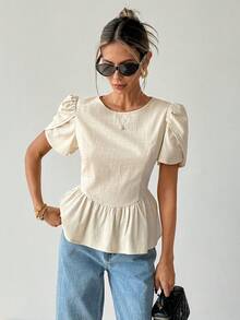 Rafferiza Women's Elegant Commuter Casual Outgoing Date Outfit A-Line Design Short Sleeve Blouse, Spring/Summer - Khaki - View 6