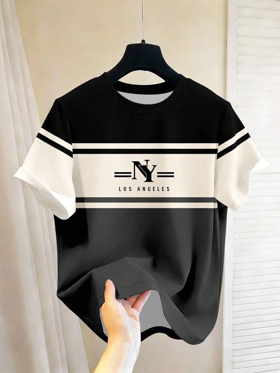 Chillumni 复古条纹拼接短袖加大码T恤，男士纽约字母印花休闲百搭宽松加大码上衣 - 彩色 - 查看 1