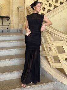 Marta Soriano Vestido negro envolvente de gasa elegante con pliegues, adecuado para citas románticas, fiestas, eventos formales, vestidos de dama de honor, vestido de verano para mujer, vestido para té, Año Nuevo, Día de San Valentín, vestido mini de cumpleaños - Negro - Ver 1