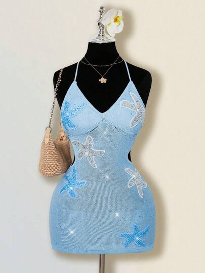 SHEIN ICON Đầm dệt kim hở lưng cổ yếm đính sequin hình sao biển dành cho nữ, thích hợp cho kỳ nghỉ biển.