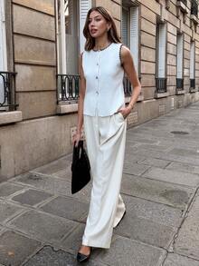 SHEIN PariChic Women's Floral Trim Single-Breasted Sleeveless Casual Cardigan - White - View 4