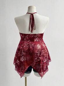 Sunspun 大码女式春夏度假休闲复古网纱印花露背吊带Y2K胸褶装饰珠吊坠女式波西米亚海滩女式吊带背心 - 彩色 - 查看 2