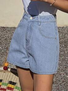 Livesso Damen Strukturierte Lässig Urlaubs Baumwoll Denim-Shorts, Blaue Jorts für den Sommer - Blau - Übersicht 5