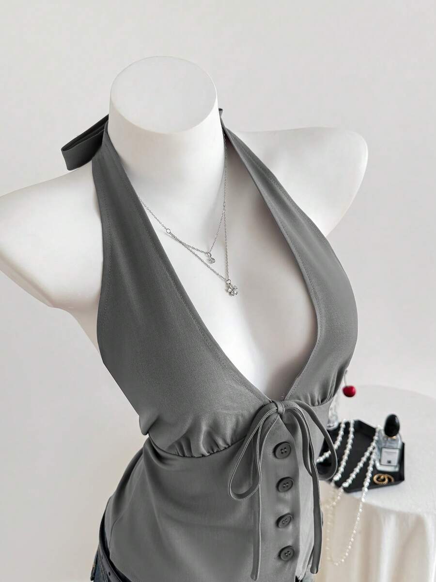 SHEIN EZwear Áo ba lỗ buộc dây phía trước màu trơn mùa hè cho nữ, trang phục công sở dành cho nữ - Xám - Xem 1