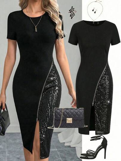 Ellevyn Plus Size Women's Summer Dress, Elegant Dress, Black Dress, Bodycon Dress, Black Patchwork Dress, Knee-Length Dress, Slit Dress, Short Sleeve Dress  Luxury Evening Dresses For Weddings  Summer Clothes  Summer Outfits Spring Clothing Pring Outfit Summer Dresses Spring Dress  Festival Dresses Elegant  Dresses  Elegant Party Dresses Party Outfit  Wedding Guest Dress Wedding Party Dress  Weddings & Events  Bridesmaid Dress Graduation Dress Graduation Outfit For Mother Going Out Outfits Prom Dress Birthday Dress Birthday Outfits For Women Holiday Outfits For Women  Vacation Outfits For Women  Holiday Outfits   Formal Dress