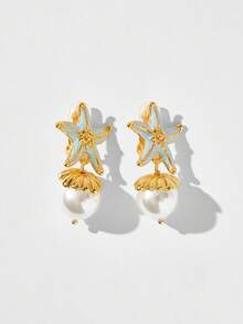 Maija A Pair Of Stylish And Elegant Starfish Pearl Pendant Women's Holiday Gift Decorative Earrings - Gold + Blue - View 4