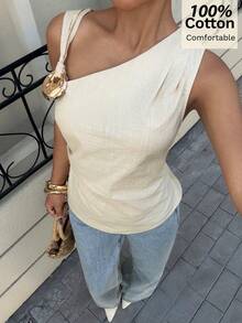 Siren Gaze 100% Cotton Asymmetrical Tie-Waist Sleeveless Top With Metal Buckle,Light Beige,Summer,Chic,Vacation,Holiday French Style Casual Tank Top - Apricot - View 4