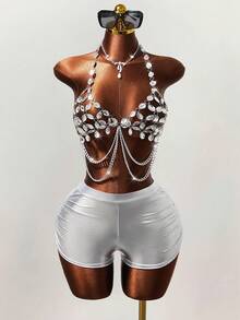 Mistrie 女士水钻音乐节背心，女士吊带音乐节背心，女士镂空性感背心 - 銀色 - 查看 4