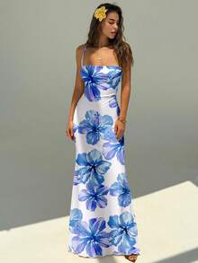Aloruh Women's Elegant Floral Print Backless Halter Dress, Blue Floral Pattern - Blue - View 4