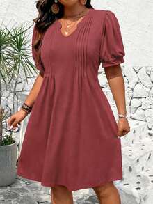 Breezaya Plus Size Casual Solid Color Petal Sleeve Dress - Red - View 4