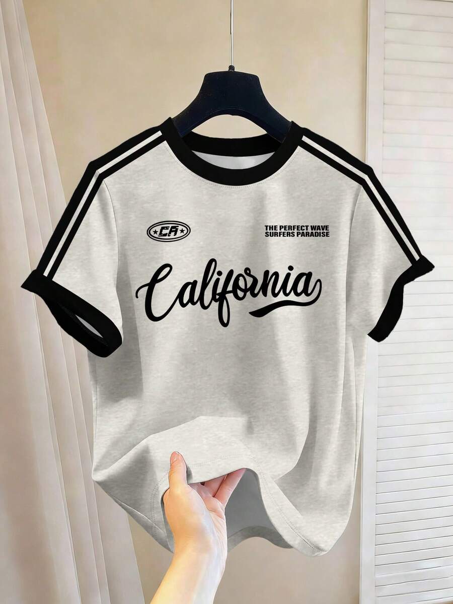 Chillumni Áo thun nam cổ tròn dáng rộng, tay raglan, in chữ kiểu Mỹ California, phối viền tương phản, thích hợp cho mùa hè. - Nhiều màu - Xem 1