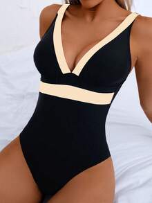Swim Basics 1 bộ đồ bơi liền thân cổ chữ V phối màu tương phản dành cho nữ, kiểu dáng thoải mái và giản dị, thích hợp cho kỳ nghỉ bơi lội. - Nhiều màu - Xem 4