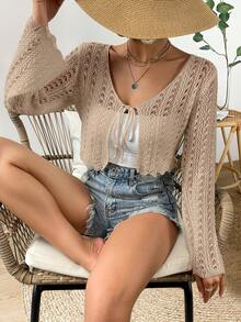 Breezaya Áo khoác cardigan mỏng nhẹ, màu trơn, khoét eo phía trước, dành cho nữ, thích hợp cho kỳ nghỉ. - Màu Khaki - Xem 4