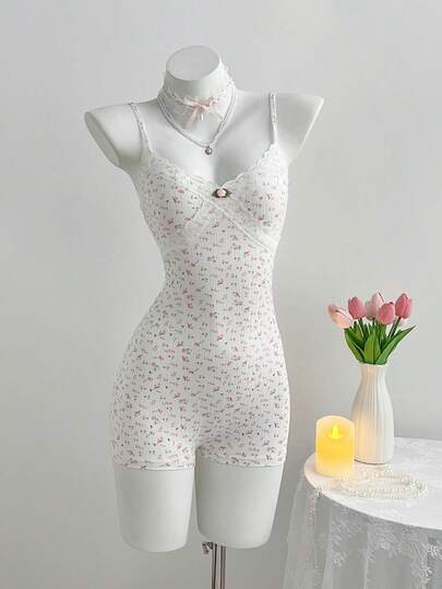 Sunnyshic Summer Casual Vacation Pink Floral Lace Decor Cute Sexy Camisole Top And Skinny Ribbed Shorts Romper, Suitable For Leisure, Home, And Beach Holiday