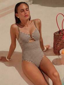 Swim Vcay 2026 Spring/Summer Adjustable Thick Strap U-Shaped Metal Decor One-Piece Swimsuit, Sweet & Fitted For Women - Brown - View 3