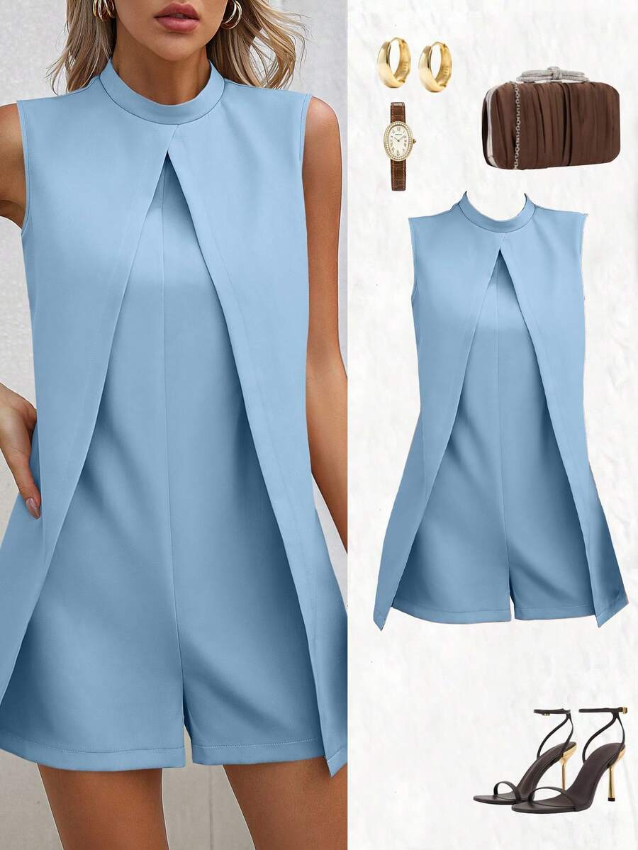 EMERY ROSE 女士纯色极简无袖连体裤，日常穿着 - 淺藍色 - 查看 1