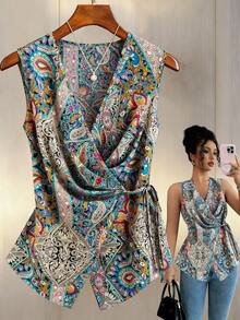 GlowEve CURVE 大码女式复古彩色腰果花V领交叉系带无袖修身衬衫，时尚休闲背心，适合工作、度假、约会等场合，百搭夏季新品 - 彩色 - 查看 3