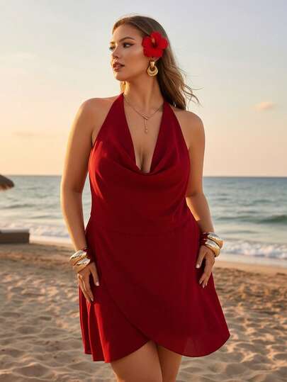 Auralis Halter Neck, Draped Neck, Fitted Waist, Multi-Layered Hem, Flowing Red Mini Dress / Mini Backless Dress / Red Mini Skirt / Back-To-School Dress / Music Festival Dress / Siren-Inspired Office Wear / Sexy Chiffon Dress / Beach Vacation Dress/Draped Neckline / Flowy Chiffon Double-Layered Crossover Hem Spring/Summer Casual Vacation Holiday Dress Women Graduation Dress For Women Party Dress For Women Dress Wedding Guest Dress For Women