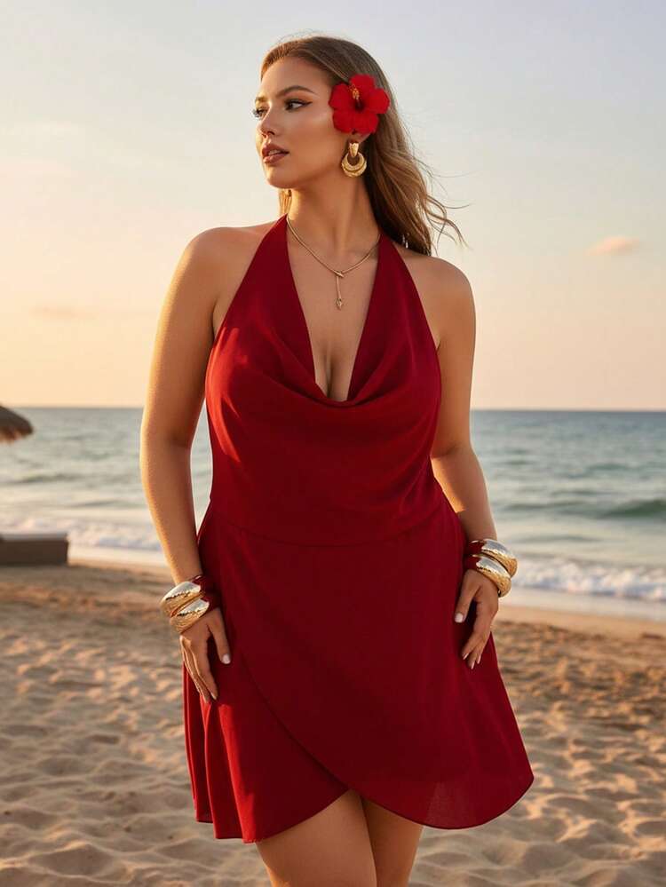 Auralis Halter Neck, Draped Neck, Fitted Waist, Multi-Layered Hem, Flowing Red Mini Dress / Mini Backless Dress / Red Mini Skirt / Back-To-School Dress / Music Festival Dress / Siren-Inspired Office Wear / Sexy Chiffon Dress / Beach Vacation Dress/Draped Neckline / Flowy Chiffon Double-Layered Crossover Hem Spring/Summer Casual Vacation Holiday Dress Women Graduation Dress For Women Party Dress For Women Dress Wedding Guest Dress For Women - Burgundy - View 2