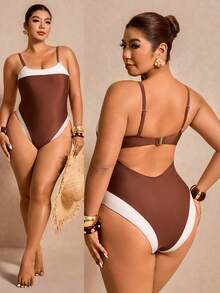 Elaquor Áo tắm liền thân cỡ lớn dành cho nữ, phối màu tương phản, kiểu dáng thường ngày, có dây đeo. - Cà phê nâu - Xem 2