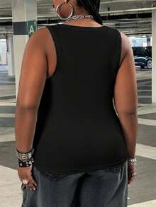 SHEIN CURVE+ 大码女式休闲基础款修身白色露肩背心，夏季舒适面料 - 黑色 - 查看 2