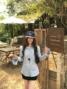 K-Vae 蓝色长袖休闲时尚衬衫 - 藍色 - 查看 6