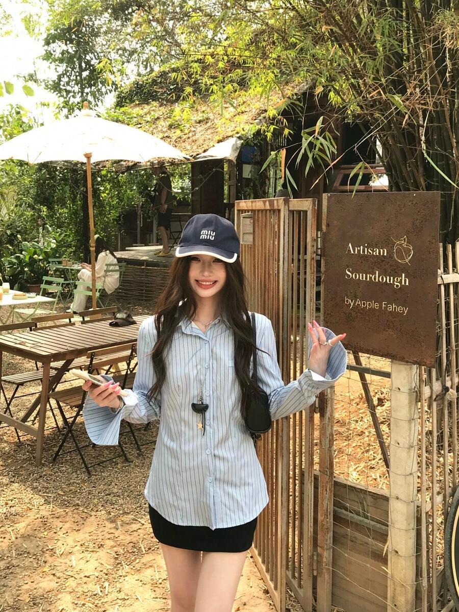 K-Vae Blue Long Sleeve Casual Chic Blouse - Blue - View 1