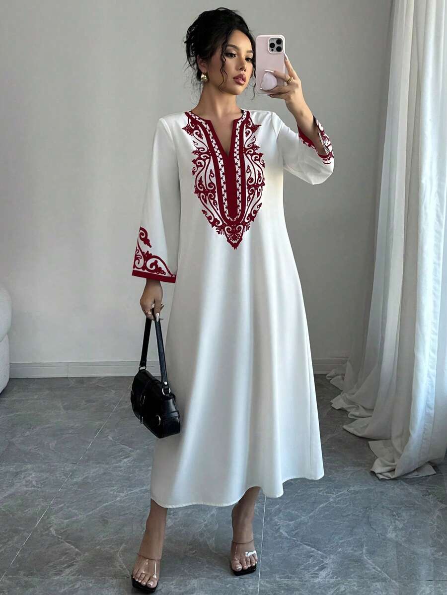 Elenzga Long Dress For Women, New Fashion Loose Retro Print Long Dress - Red and White - View 1