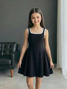 SHEIN Girls' Summer New Arrival Black & White Patchwork Sleeveless A-Line Dress, Sweet & Cute Daily Outfit - Black and White - View 3