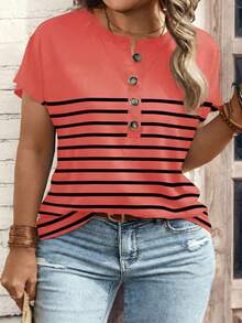 EMERY ROSE Plus Size V-Neck Button Striped Short Sleeve T-Shirt, Loose Fit, 2025 New Arrival, Plus Size - Red - View 1