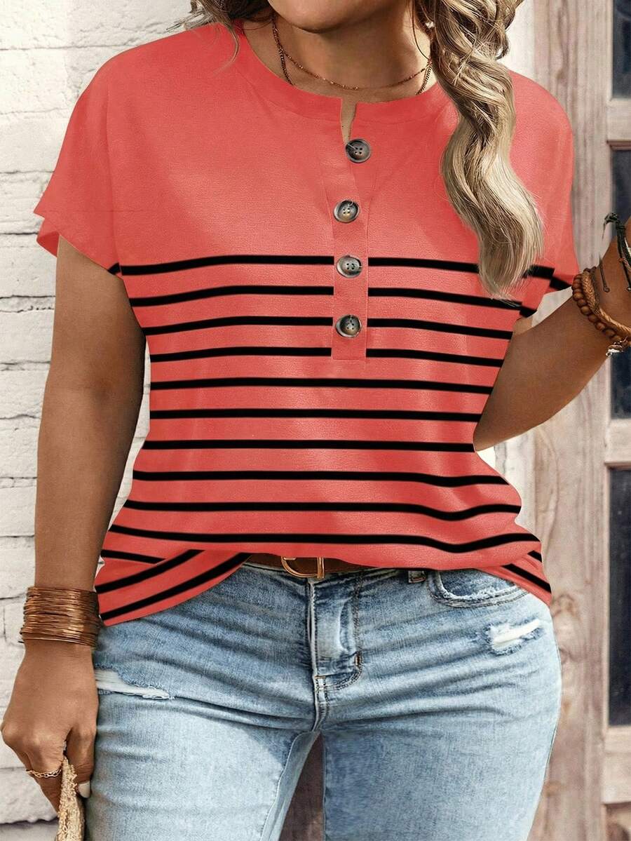 EMERY ROSE Plus Size V-Neck Button Striped Short Sleeve T-Shirt, Loose Fit, 2025 New Arrival, Plus Size - Red - View 1