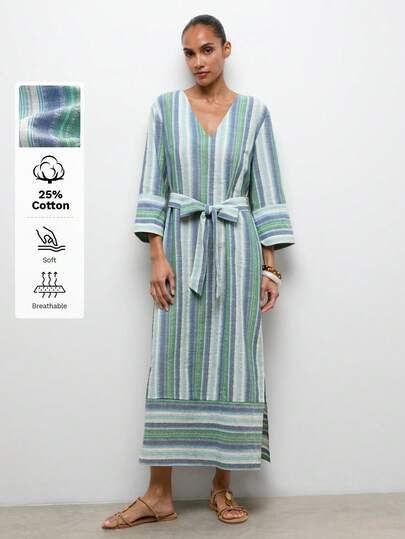 Maija Striped V-Neck Dress, Casual & Loose Fit For Vacation & Beach Beach Wear Women Cover Up Resort Dresses For Women Women S Spring Dress Women S Swim Cover Up  Easter Dress Women