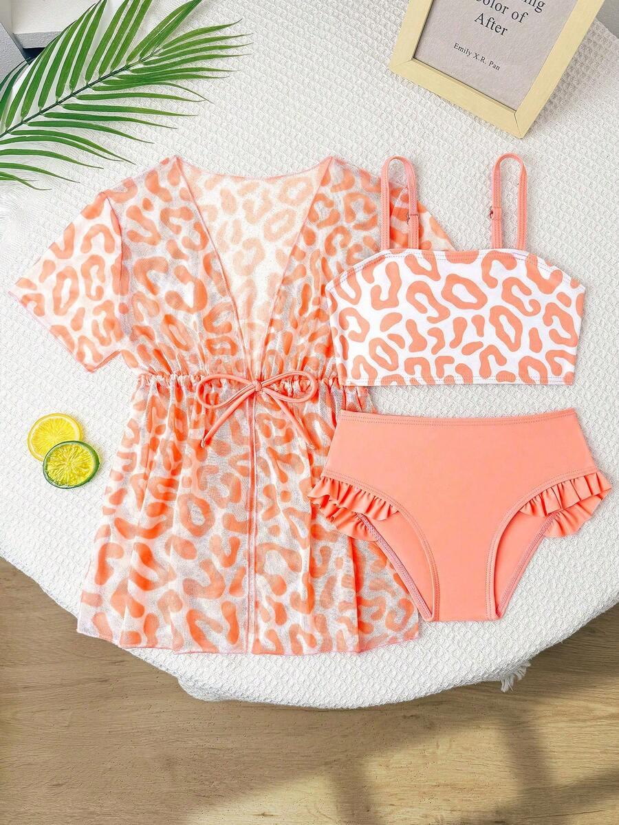 Girls (Small) Swimwear Set, Cute Pink Leopard Print 3 PiecesSwimwear, Fashionable Casual Elegant Suitable For Swimming, Vacation, Summer Girl Summer Sets Girls Beach Vacation Outfits Leopard Print Swimwear Girl Girl Swimwear Set Ruffle High Waisted Bikini Girl Bikini Sets For Young Girl Swim Suit Swimwear - Rose Red - View 1