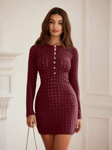 EMERY ROSE Robe pull mi-longue élégante noire à col boutonné, taille marquée, coupe slim et sexy, avec manches longues et décolleté dos nu - Rouge - Voir 6