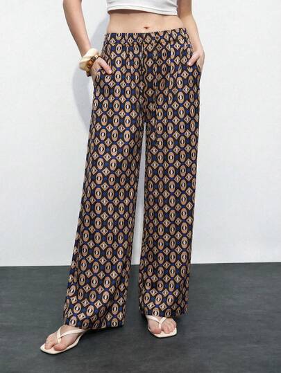 Maija Women's Geometric Print Elastic Waist Wide Leg Loose Pants Bohemian Pants Printed Pants Palazzo Pants Women Pattern Pants Silk Pants Women's Pants Women Easter Summer Outfits Easter Dress Women Party Top Beach Dress Summer Holiday Outfits Each Vacation Outfits For Women Summer Outfit For Women Going Out Outfits Graduation Graduation Outfit Casual Dresses Casual Blouses For Women