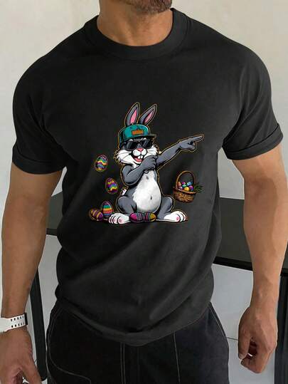 Manfinity Homme Men's Spring Summer Holiday Black White Colorful Cool Easter Bunny Rabbit Dab Dance Egg Basket Sunglasses Hat Graphic Print T-Shirt Streetwear Cartoon Animal Funny Festival Party Casual Crew Neck Short Sleeve Loose Fit Couple Matching Unisex Tee Top,Men's Casual Everyday Commute Easter Bunny & Egg Print Black Short Sleeve T-Shirt, Summer