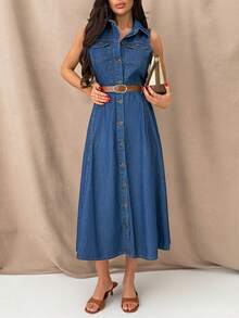 SHEIN Sleeveless, Collared Button, A-Line, Raw Wash S Denim Midi Dress With Belt - Dark Wash - View 6