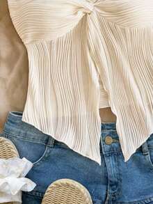 SHEIN 少女休闲度假简约舒适不对称下摆扭结开衩纹理面料抹胸吊带衫 - 杏色 - 查看 5